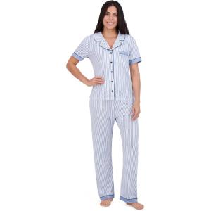 imageAerosoles Womens Notch Collar Cozy Pjs 2 Piece Cozy Comfy Lounge Soft Cotton Sleepwear Buttonup Pajama Set Skinny Stripe Large