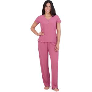 imageAerosoles Womens Ribbed Henley Cozy Pjs 2 Piece Cozy Comfy Lounge Soft Cotton Sleepwear Buttonup Pajama Set Heather Rose Large