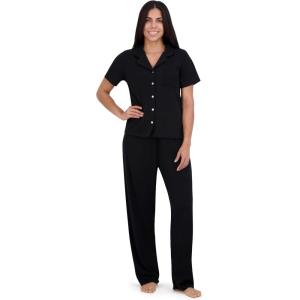 imageAerosoles Womens Ribbed Notch Collar Cozy Pjs 2 Piece Cozy Comfy Soft Lounge Sleepwear Buttonup Cotton Pajama Set Black Small Pajama Set Black Small